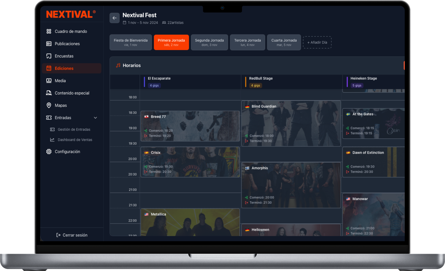 CMS web Nextival para organizadores de festivales - Dashboard de gestión completa